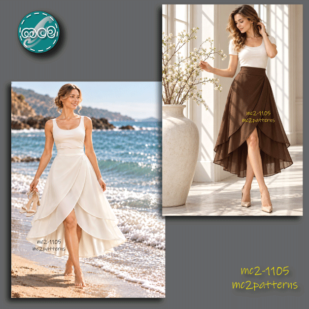 Double-Layer Wrap Skirt, Shaped Waistband, Dropped Hem / mc2-1105