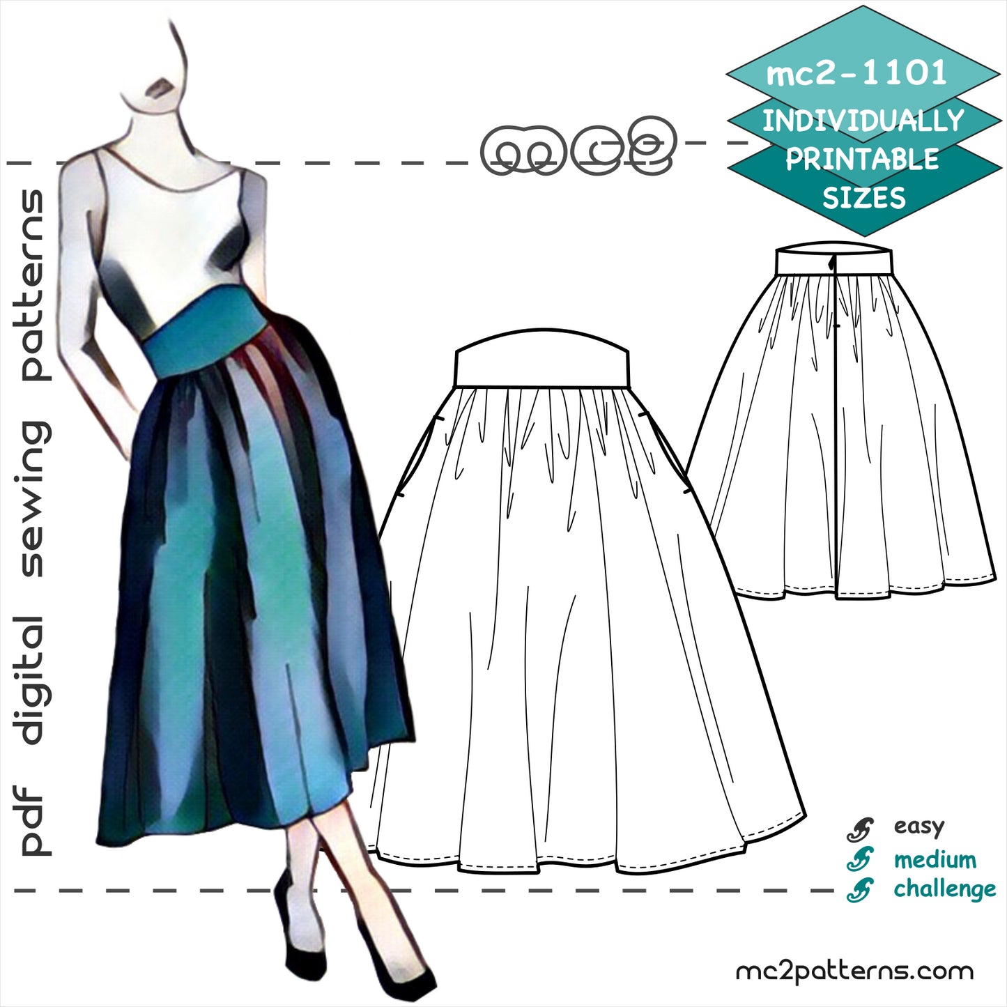 Flared Peasant Skirt with Shaped Waistband & Side Pockets
