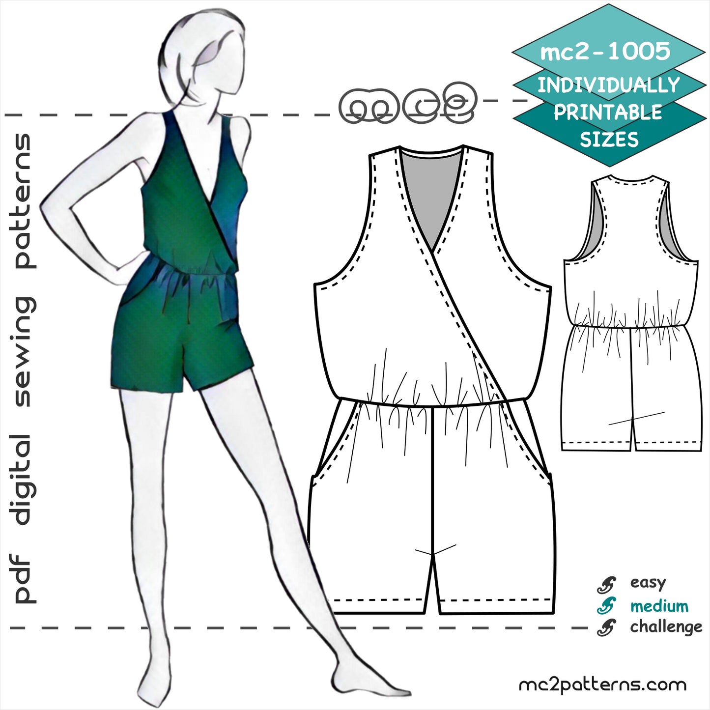 Racer-back Romper, Front Wrap, Side Pockets / mc2-1005