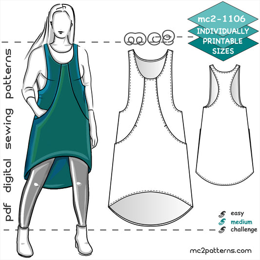 Racer-back Pinafore Jumper Dress, Dropped Hem, Inseam Pockets / mc2-1106