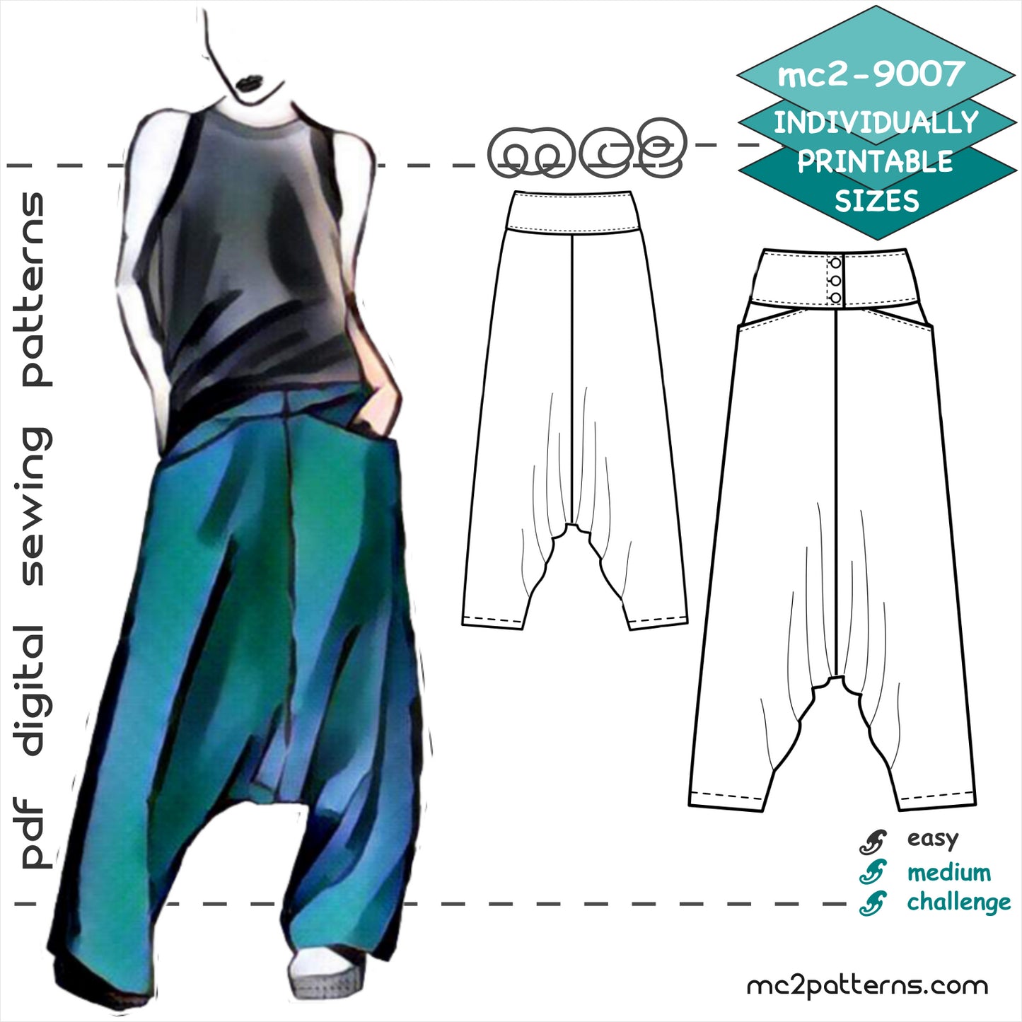 Smart Harem-style Pants with Buttoned Yoke & Pockets