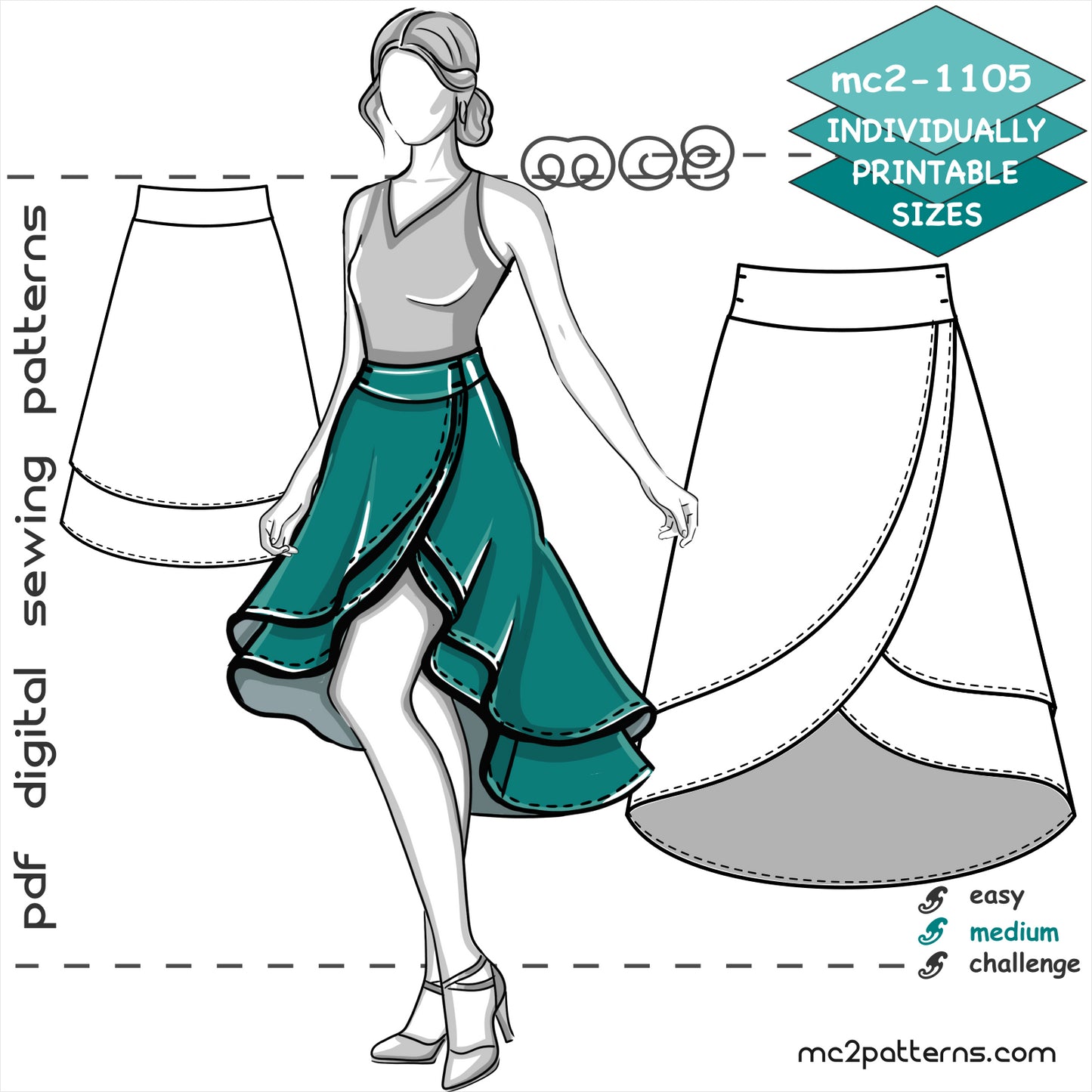 Double-Layer Wrap Skirt with Shaped Waistband & Dropped Hem