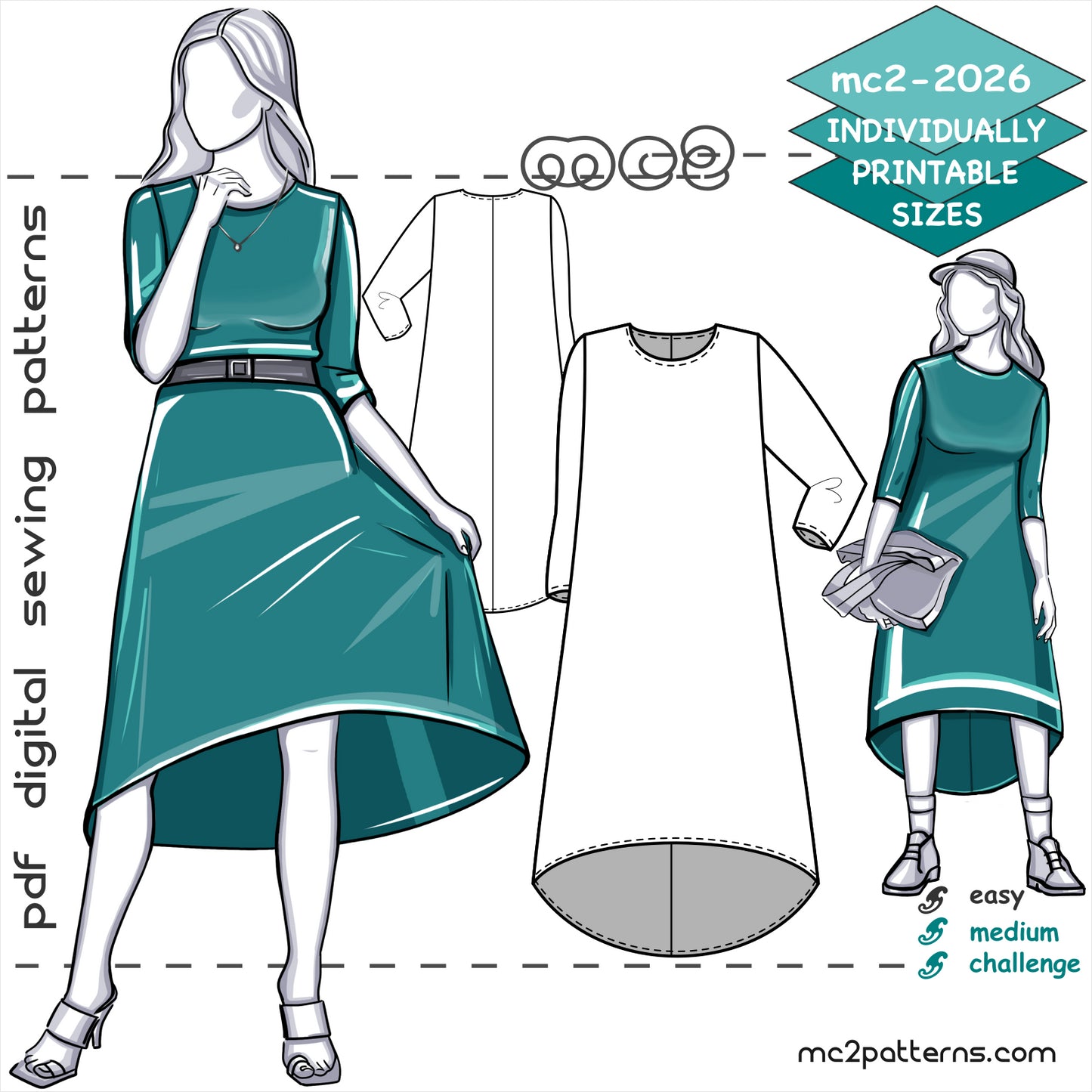 Jersey Dress with ¾ Sleeves & Dropped Hem