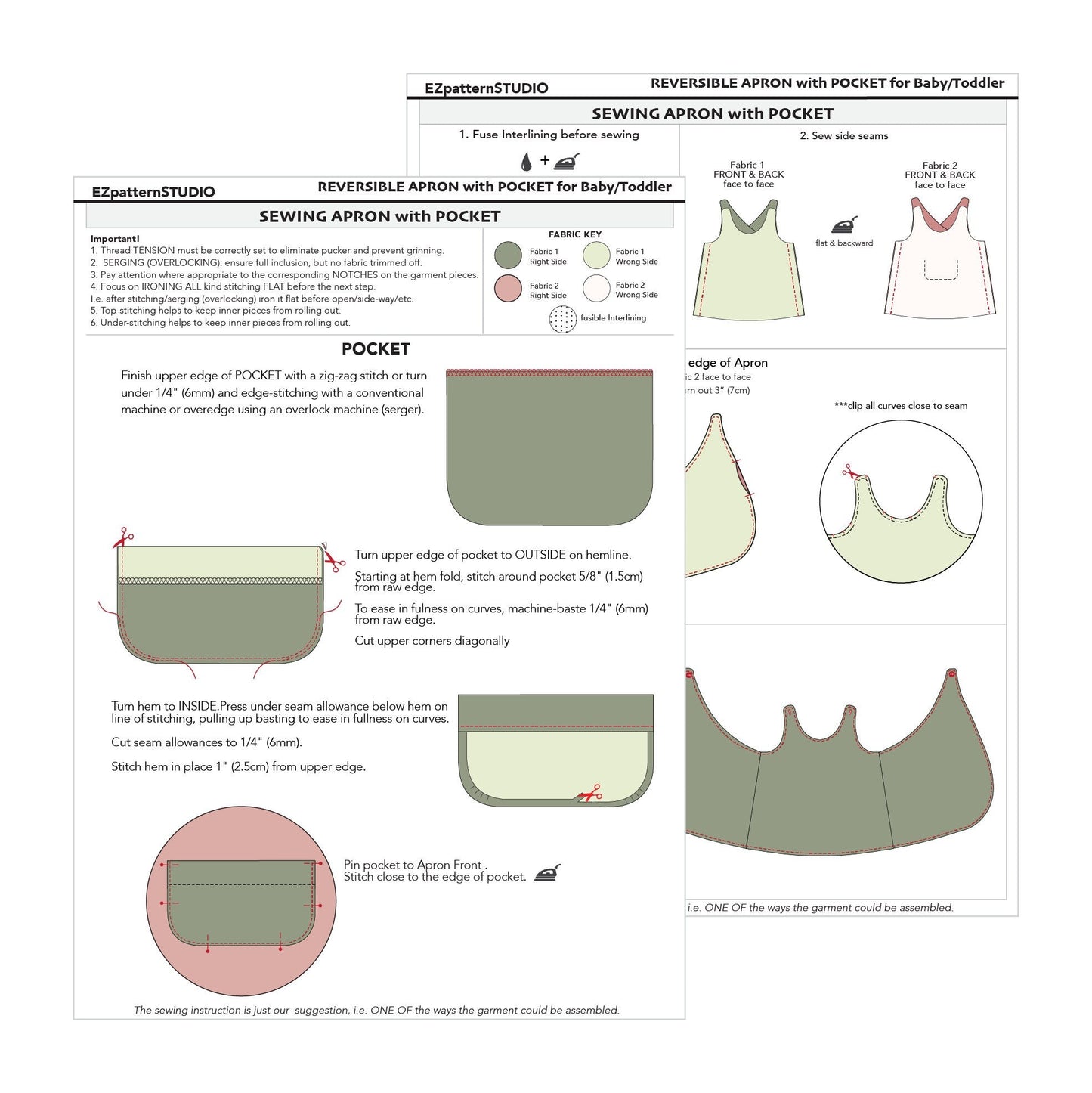 for Kids: Cross-back Reversible Pinafore Apron/Dress with Pocket