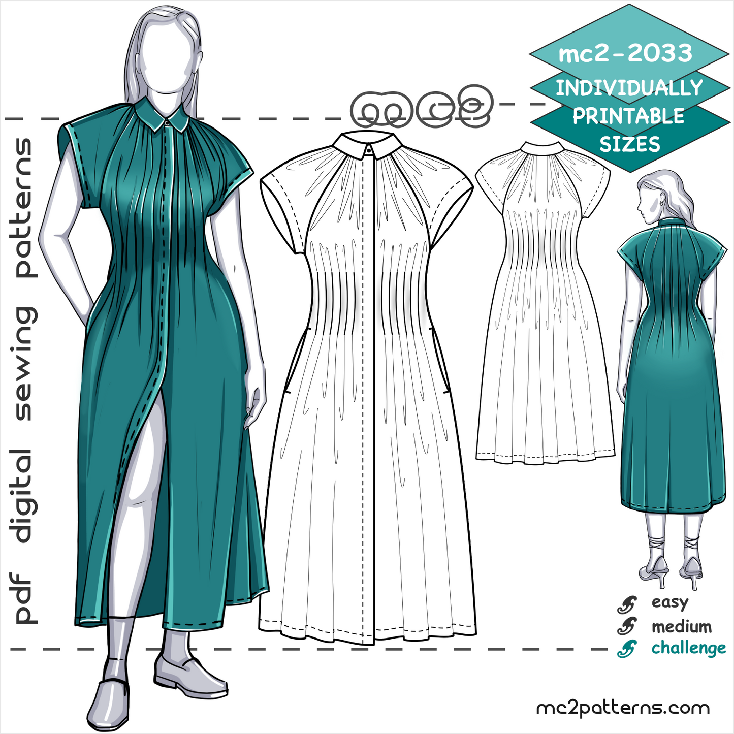 Shirt Dress with Pleated Waist, Raglan Sleeve, and In-seam Pockets