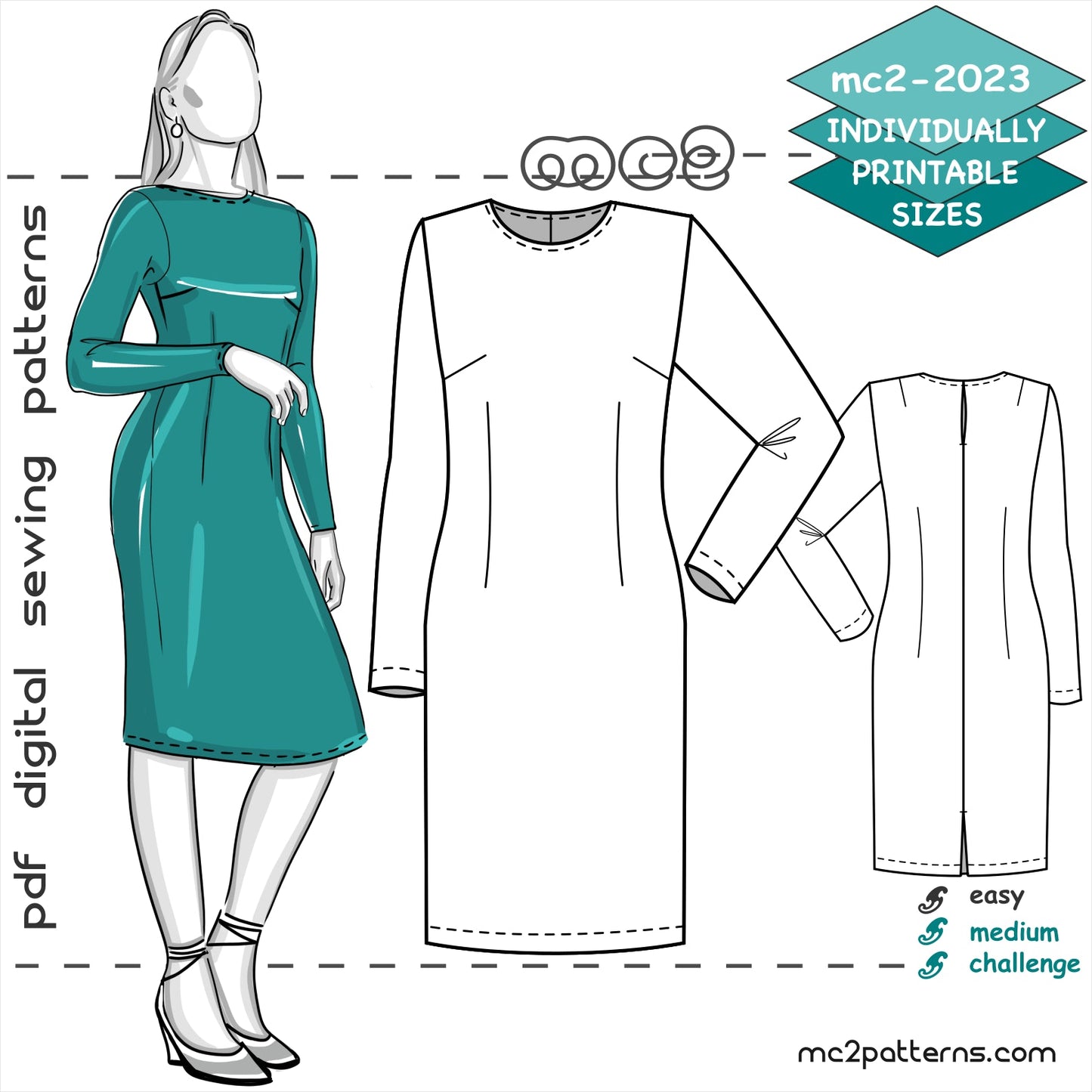 Sheath Dress with Long Set-in Sleeves Sloper/Block-pattern