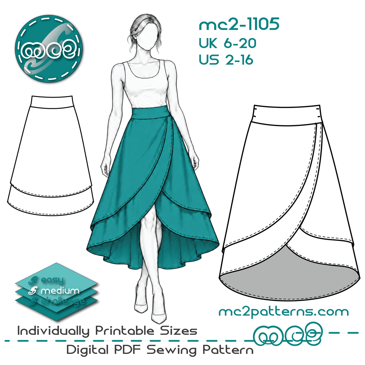 Double-Layer Wrap Skirt, Shaped Waistband, Dropped Hem / mc2-1105