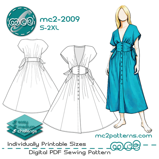 Midi Drop-Shoulder Dress, Low-V-Neckline, Button-Closure, Side-Ties / mc2-2009