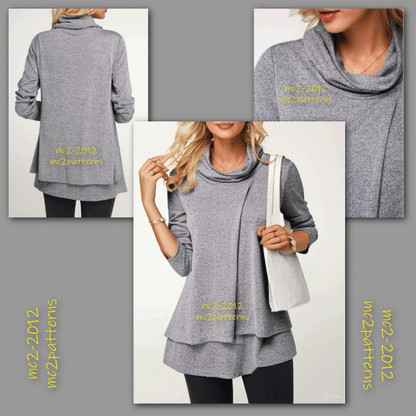Double-layer Faux-Wrap Tunic with Cowl-neck
