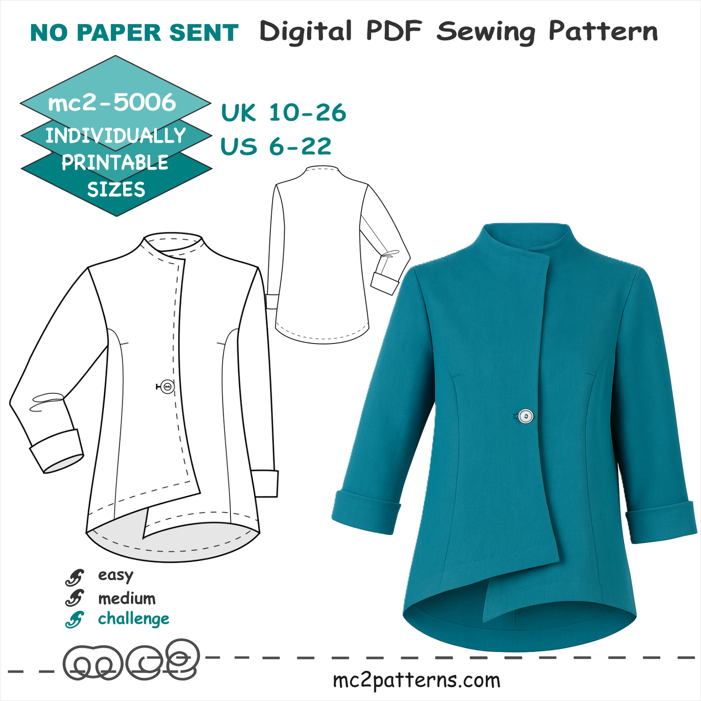 Asymmetrical Jacket, Cropped Sleeves/ NO Lining / mc2-5006