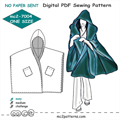 Hooded Cape Poncho Beginner-friendly / NO-lining / mc2-7004
