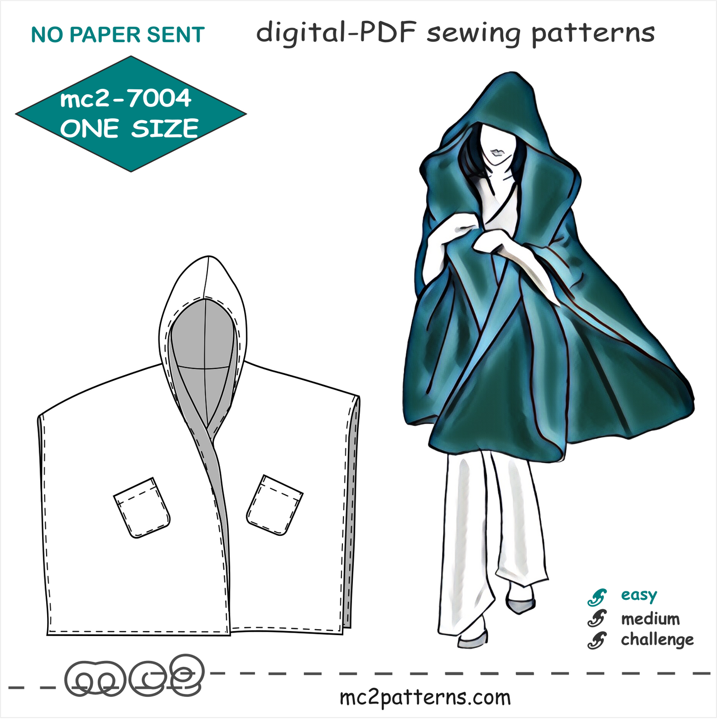 Hooded Cape Poncho NO-lining Beginner-friendly