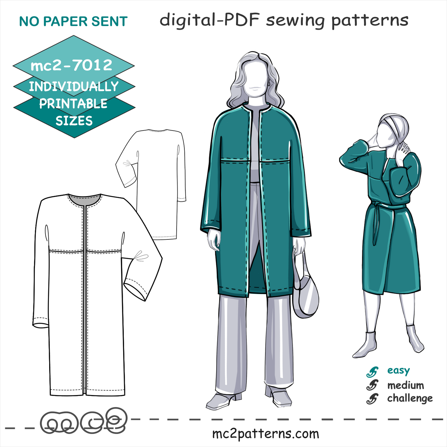 Coat Jacket Bathrobe Sewing Pattern: Easy-to-make NO-lining