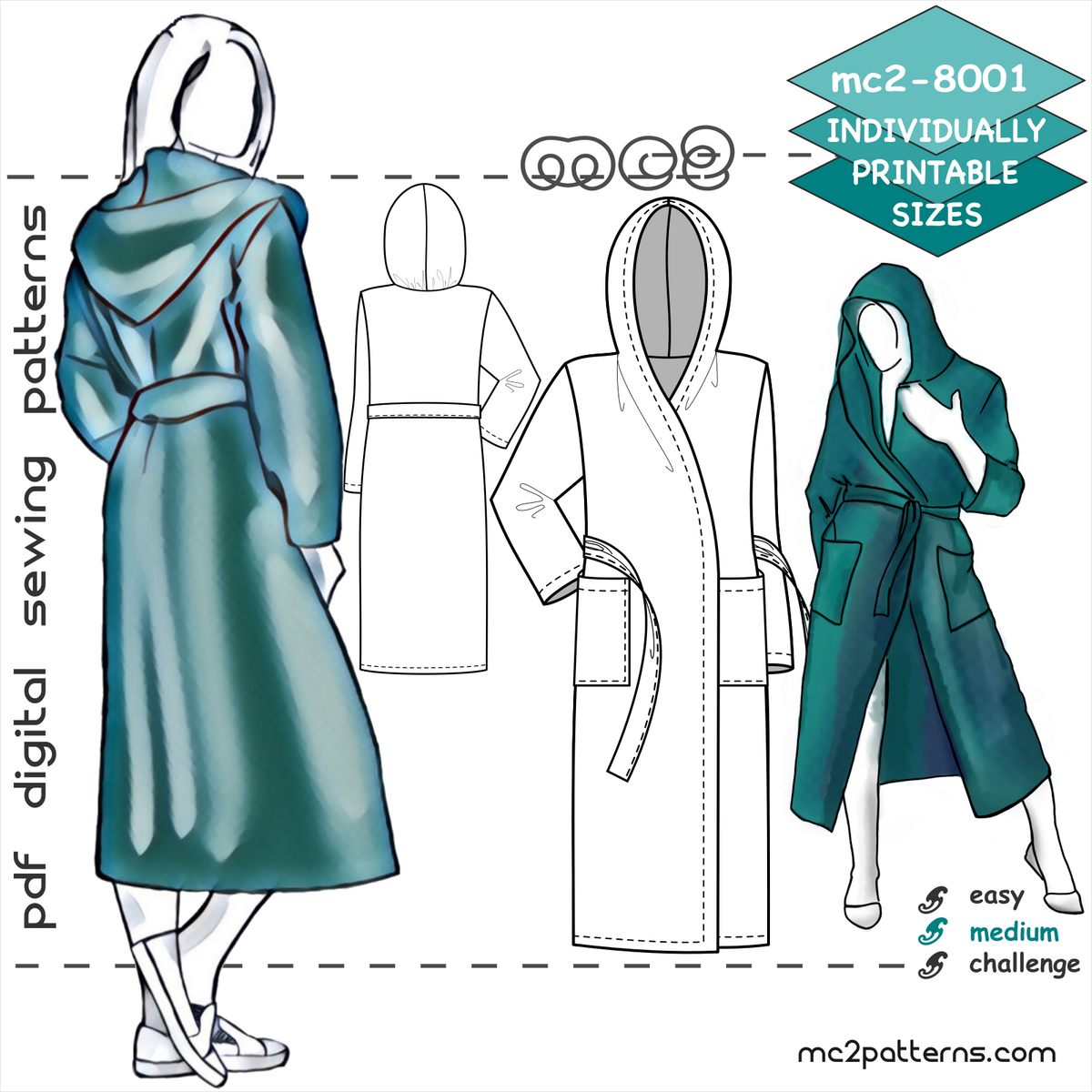 Unlined Robe Pattern Hooded Robe/ Bathrobe/ Dressing Gown with Patch Pockets – MC2patterns