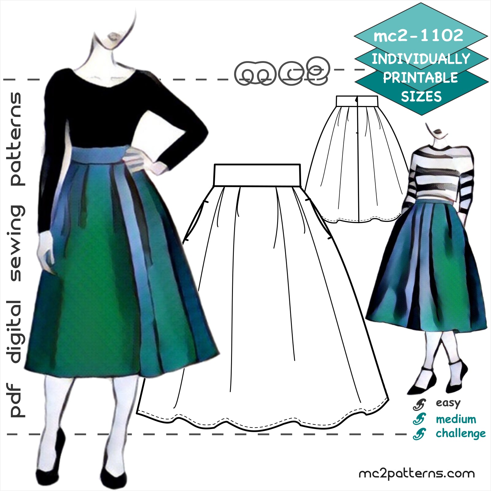 Flared Pleated Skirt with Wide Waistband & Side Pockets – MC2patterns