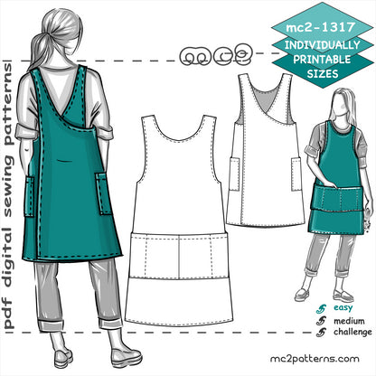 Japanese-style Cross-back Straight-shape/Boxy Pinafore Apron with NO-side-seams