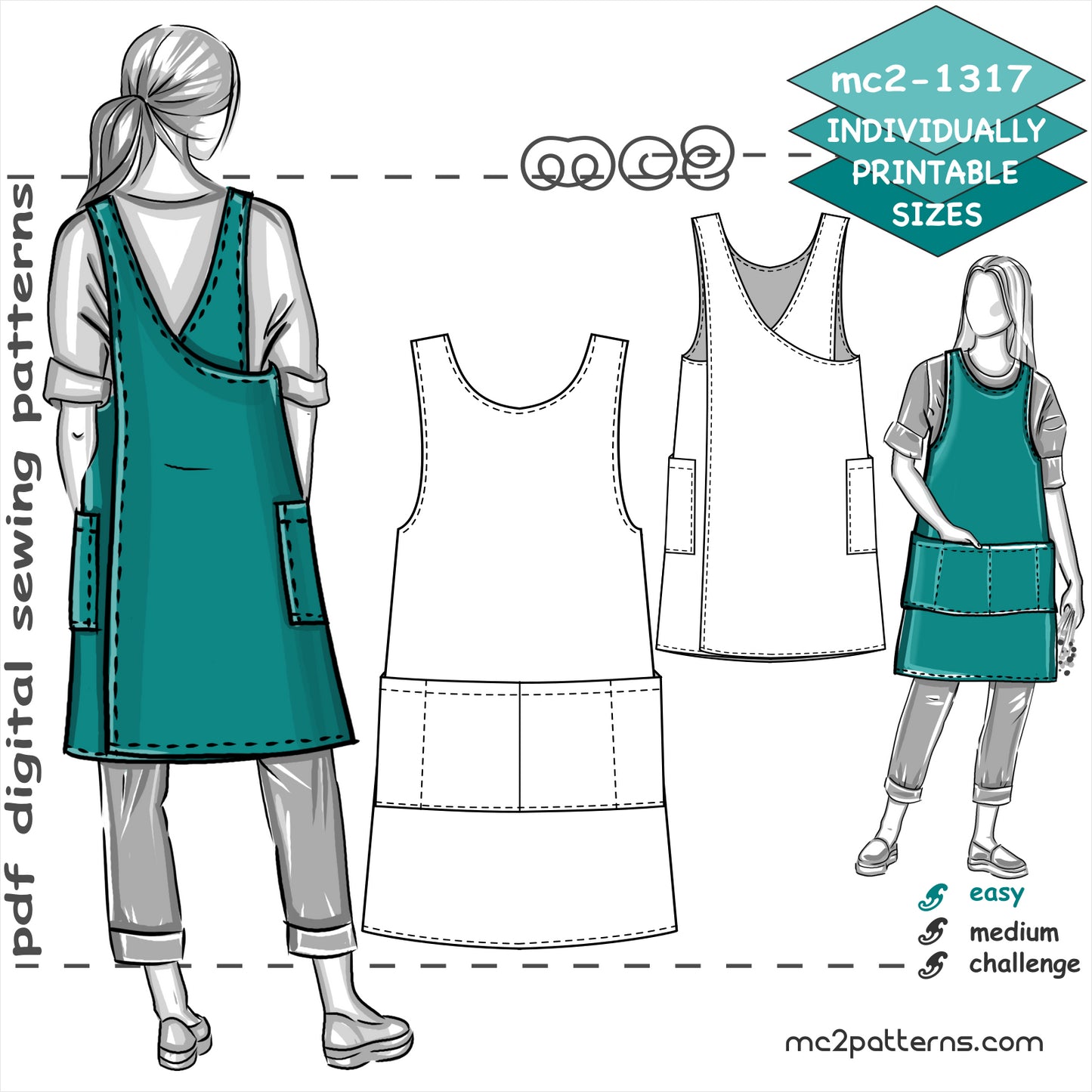 Japanese-style Cross-back Straight-shape/Boxy Pinafore Apron with NO-side-seams