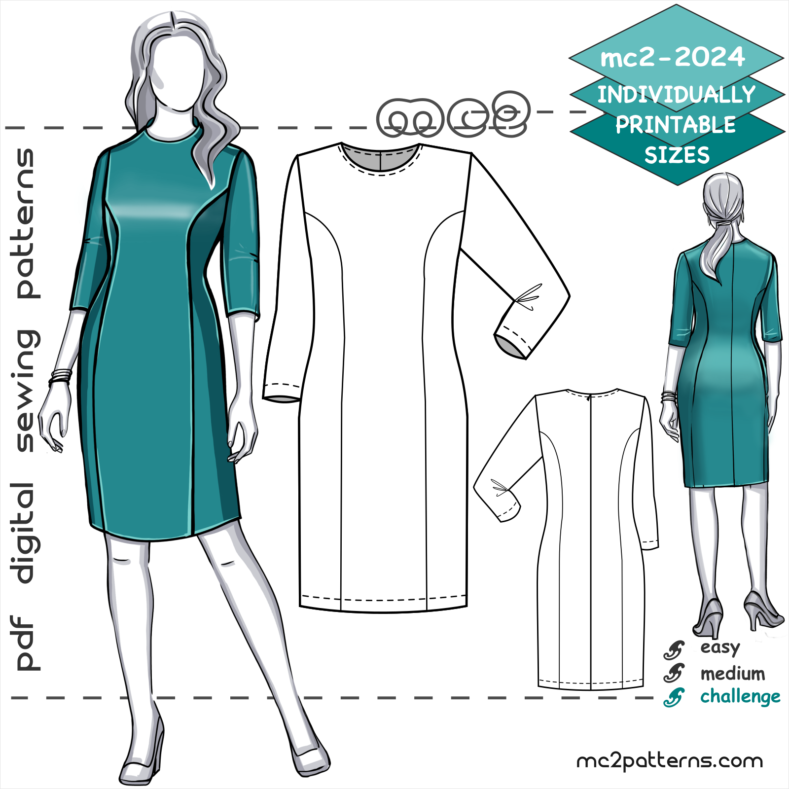 Princess-cut Dress, ¾ Set-in Sleeves, Sloper Block-pattern / mc2-2024 – MC2patterns