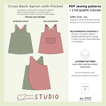 for Kids: Cross-back Reversible Pinafore Apron/Dress with Pocket